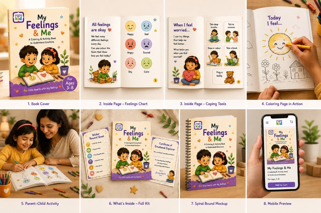 Inside the book — feelings chart, activities, parent guide, certificate and stickers